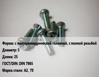 Винт с полуцилиндрической головкой, с полной резьбой 5х25 DIN 7985 Сталь: А2, 70
